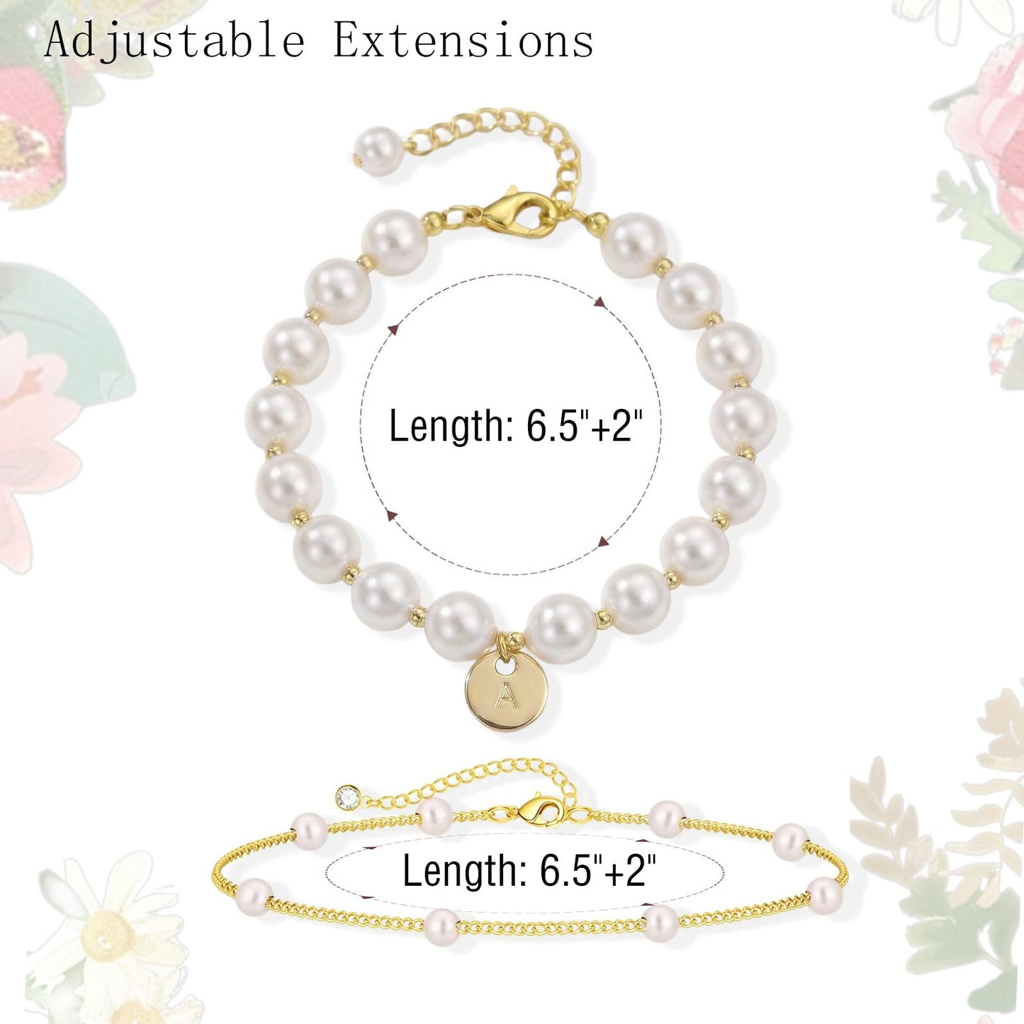 Fizzlup 2Pcs Pearl And Gold Initial Bracelet Set，Dainty Pearls Bracelets Jewelry for Women Wedding Prom Trendy Crystal Charm Cuff Stack Bead Linkbracelet Personalized Gift Stuff Letter W