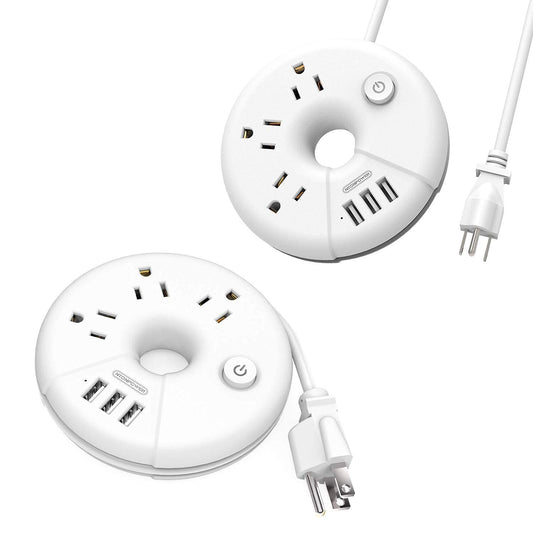 NTONPOWER Travel Power Strip Bundle, 3 Outlets 3 USB Portable Desktop Charging Station with 15 inch Short Cord and 5ft Extension Cord for Office, Home, Hotels, Cruise Ship, Nightstand - White