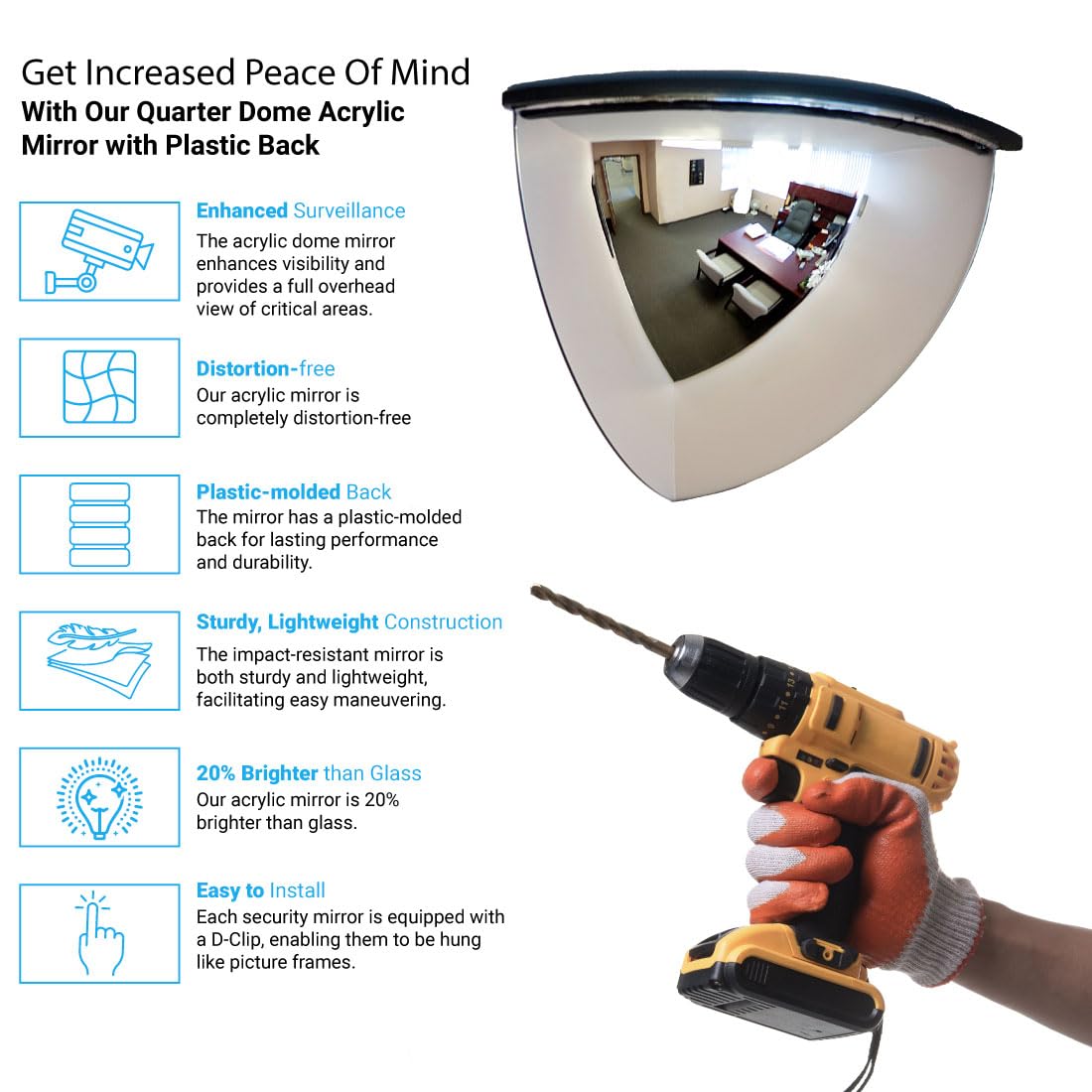 Vision Metalizers 18" Acrylic Quarter Dome Mirror With Plastic Back, Round Indoor Security for Driveway Safety Spots, Outdoor Warehouse Side View, Circular Wall for Office Use (DPB1814)