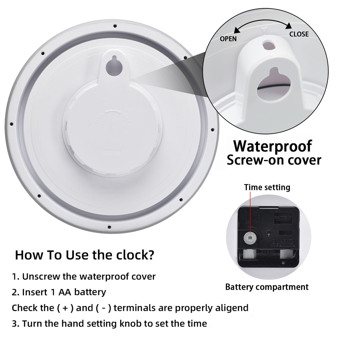 Caysie 12 Inch Sealed Indoor Outdoor Waterproof Wall Clock, Durable Silent Non-Ticking Battery Operated Quality Quartz Round Clock, Wall Decorative for Patio, Pool, Bathroom (White)