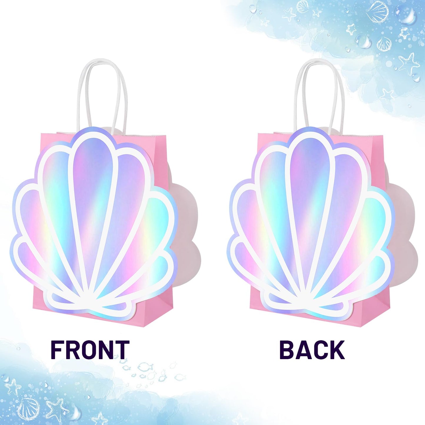 12 Pack Sea Shell Gift Bags For Mermaid Goodie Bags Party Favor Iridescent with Handle for Under The Sea Party Summer Ocean Beach Celebration Supplies