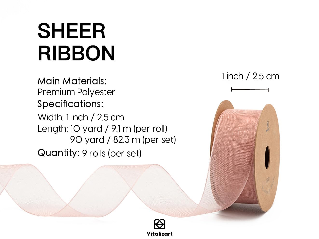 Vitalizart 1" x 90Yd Organza Ribbon Mixed Color Sheer Ribbons Set 10 Yd x 9 Rolls Handmade for Gift Wrapping Christmas Tree Crafts Bows Wedding Invitations Wreaths Wrap