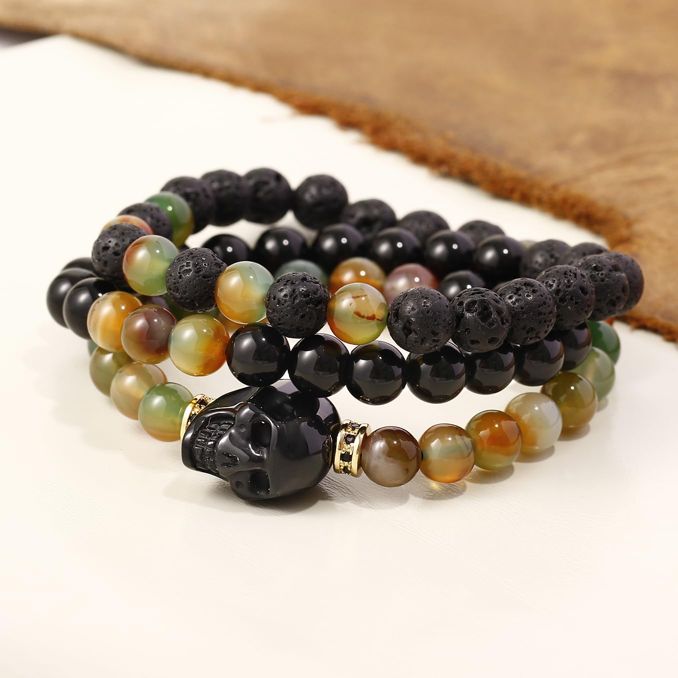Xfoxstal Wrap Agate Stretch Beaded Bracelets Protection Obsidian Small Skull Lava Stone Bracelet for Women Essential Oil Diffusers Jewelry Meditation Gifts 8mm