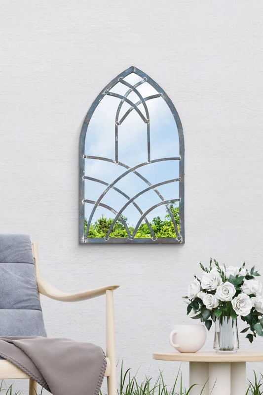 MirrorOutlet Large Metal Rustic Arched Shaped Window Garden Outdoor Mirror 40cm X 24cm, Silver, GM081
