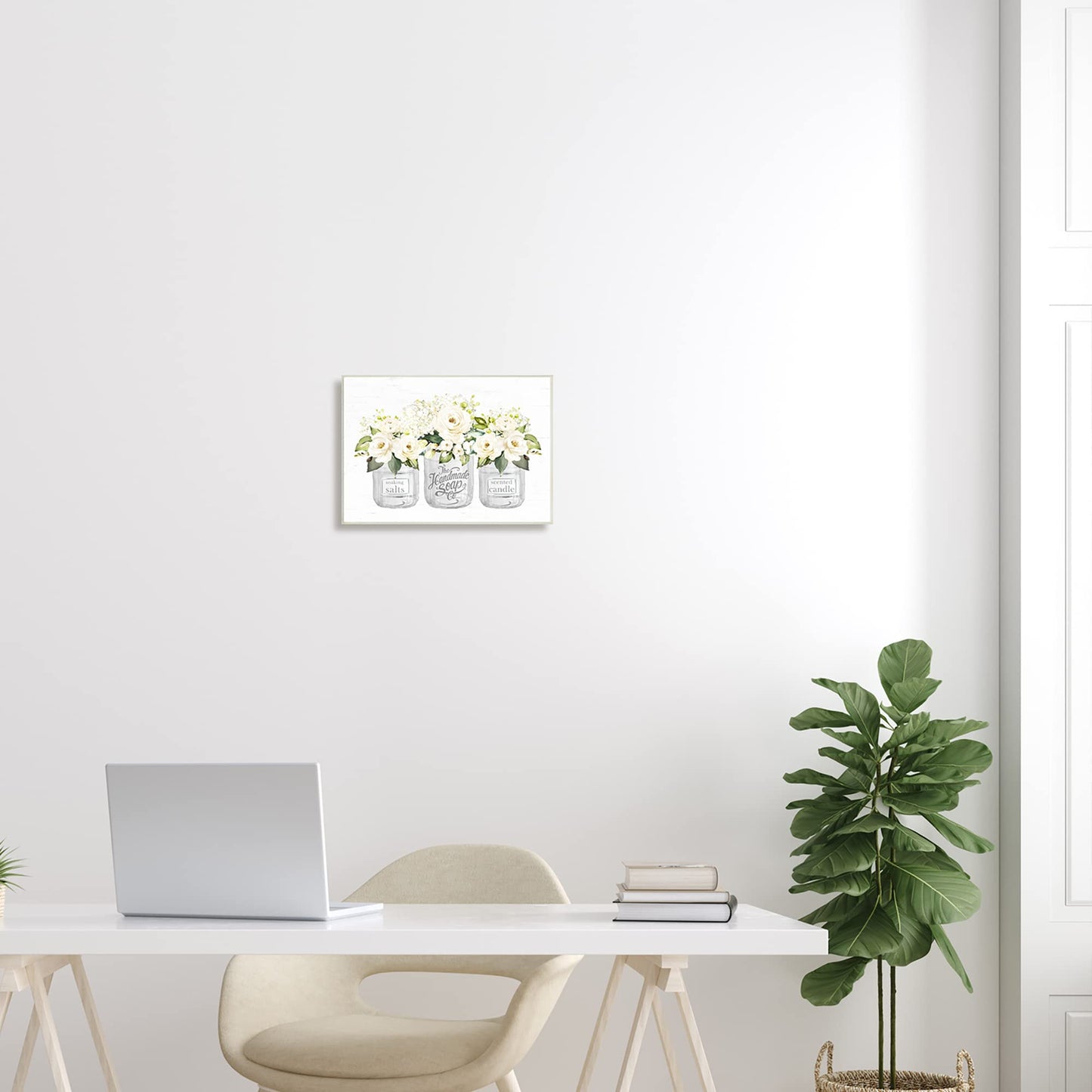 Stupell Industries 'White Roses Blooming Country Rustic Candle Jars ', Wall Plaque Art, 15 x 10 Inches, Easy to Hang and Sturdy, Made in USA, by Lettered and Lined