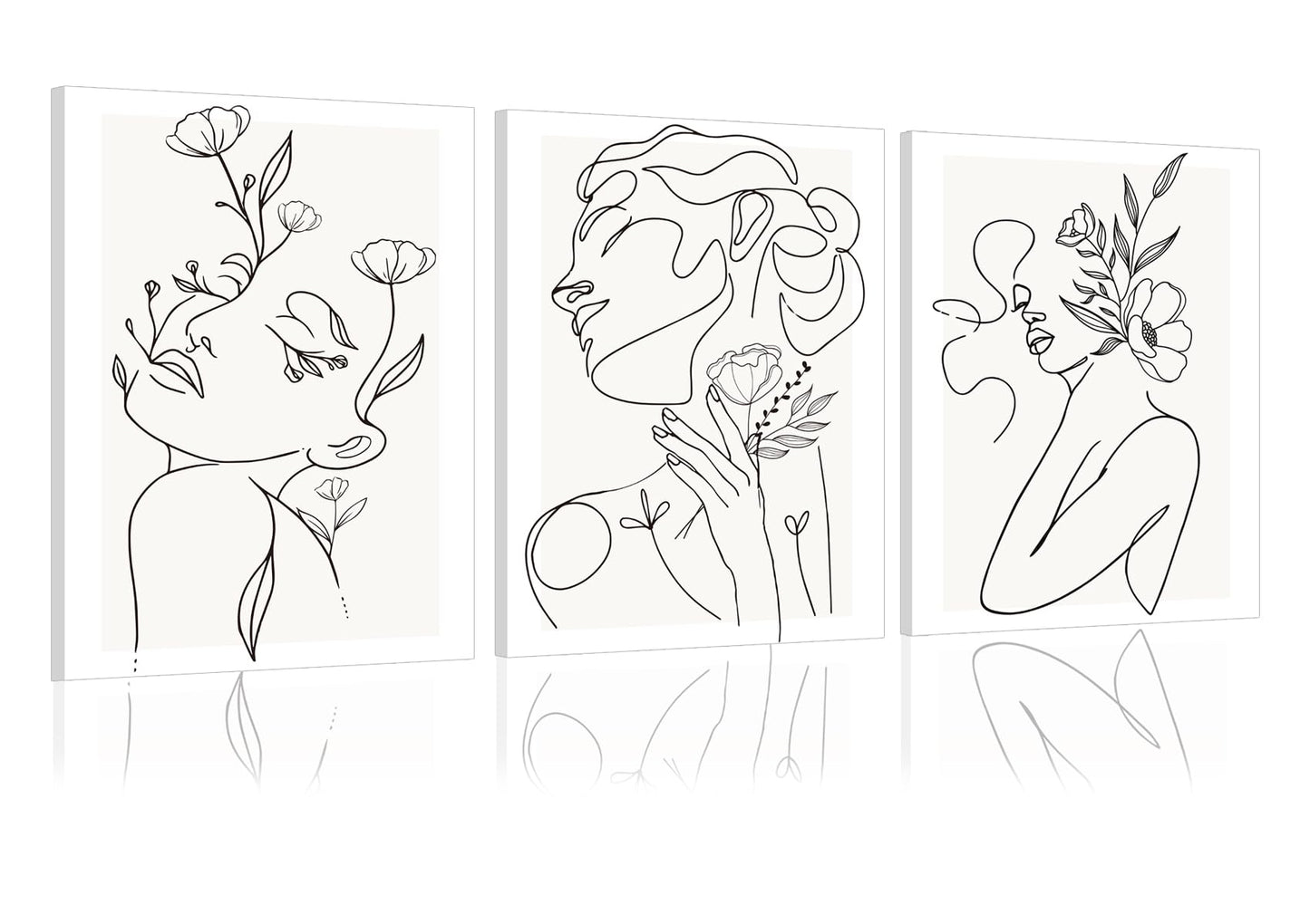 yulihaz Minimalist Woman Flower Line Wall Art Set of 3 Neutral Modern Abstract Black and White Girl Canvas Painting Poster Prints Picture Wall Decor for Bedroom Living Room Framed 12x16 inch