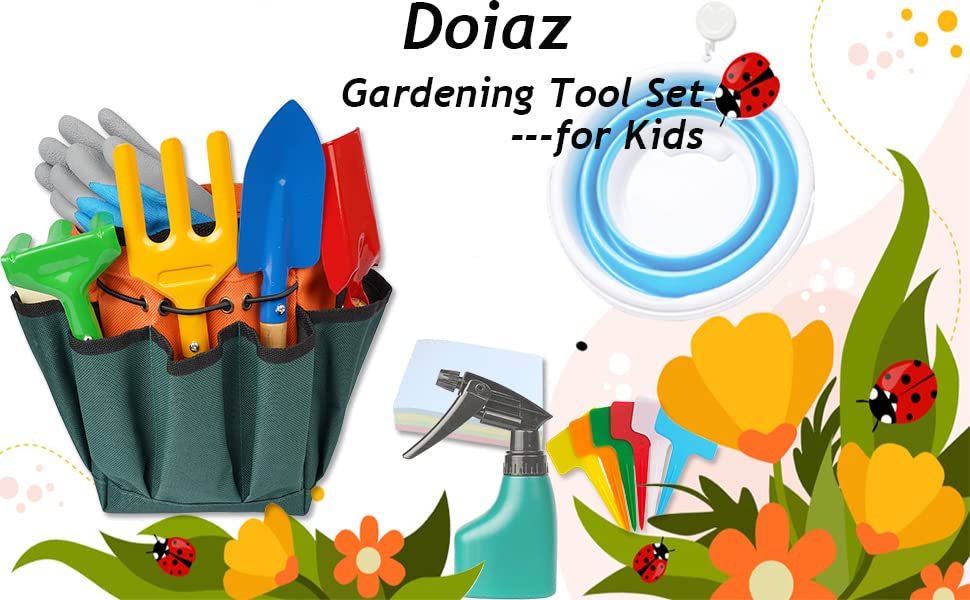 Kidz Gardening Tool Set – Gardening Tools Kit Includes Shovel, Rake, Fork Trowel, Children'z Garden Kit with Sun Hat, Apron, Gloves, Tote Bag, Sprayer and Bucket, Outdoor Play Toyz Gift for Kidz
