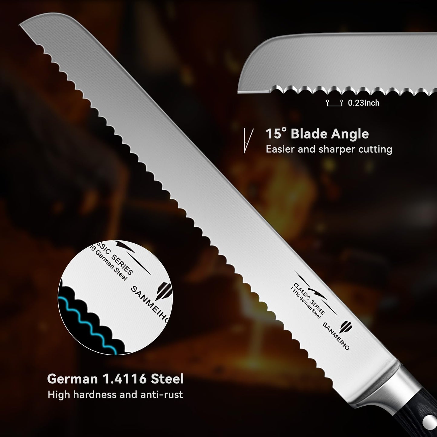 SANMEIHO 10" Bread Knife - Sourdough Slicing Knife Professional 5Cr15MoV Stainless Steel Serrated Knives, Ergonomic Wood Handle & Full Tang Design, Gift Box Included (Single-Edge