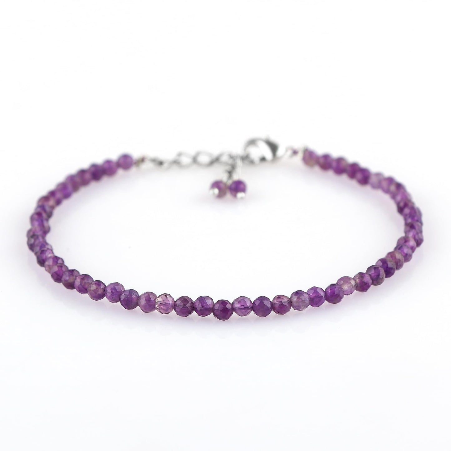 GEMKORA Natural Real Amethyst Crystals Bracelet, 3mm Best Grade Micro Cut Beads, Chakra Healing Gemstone, Beautiful Simple Jewelry, Silver Plated Jewelry 7+1 inch