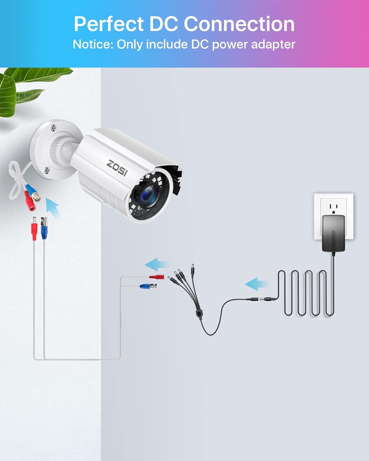 ZOSI 12V 2A 100V-240V US AC to DC Power Supply Adapter & 4-Way Power Splitter Cable for CCTV Home Security Camera Surveillance System