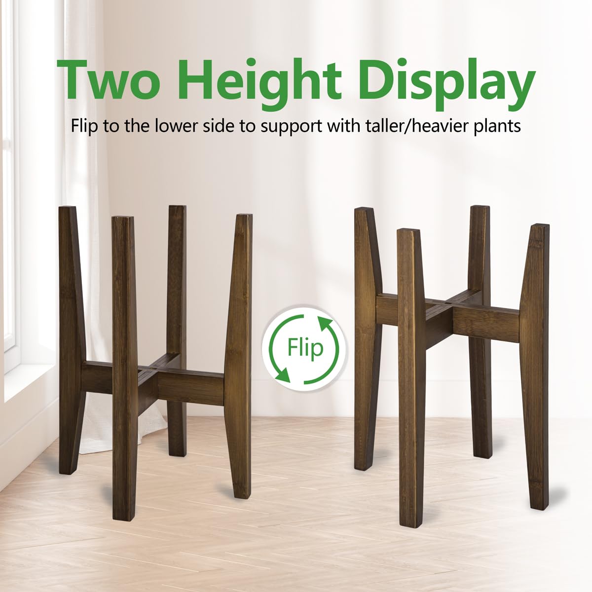 OERGKE 2 PACK Adjustable Plant Stand Indoor, Bamboo Mid Century Modern Plants Stands, Corner Flower Holder for Living Room, Fits 8 to 12 Inches Pots, (Pot & Plant Not Included)(Walnut)