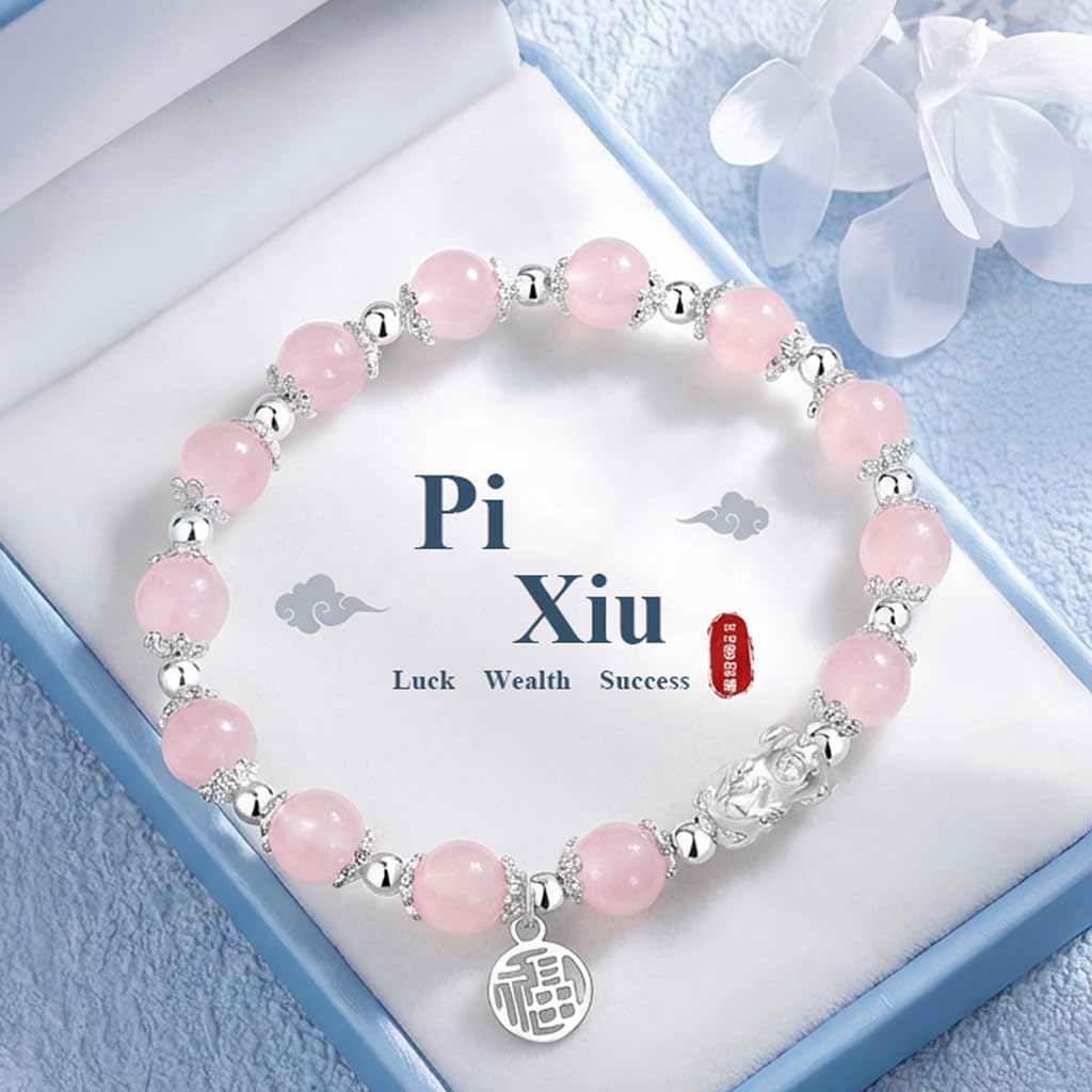 SoulPulse Lucky Pixiu Feng Shui Money Bracelet to Attract Wealth and Money,Elastic Pink Crystal Beaded Bracelets for Women Men,Fashion Charm Bracelet used for Work,Casual and Daily Wear