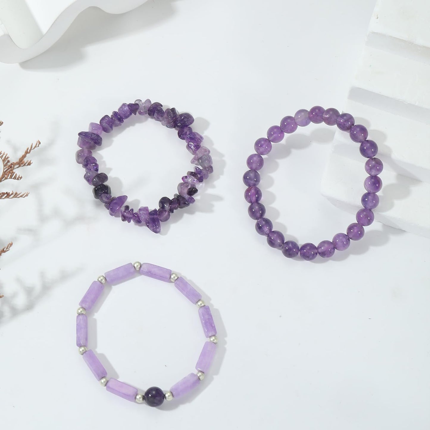 3PCs Amethyst Bracelet for Women 8mm Crystal Beaded Bracelet Purple Bead Bracelet Stretch Bracelet Amethyst Jewelry Gifts for Women