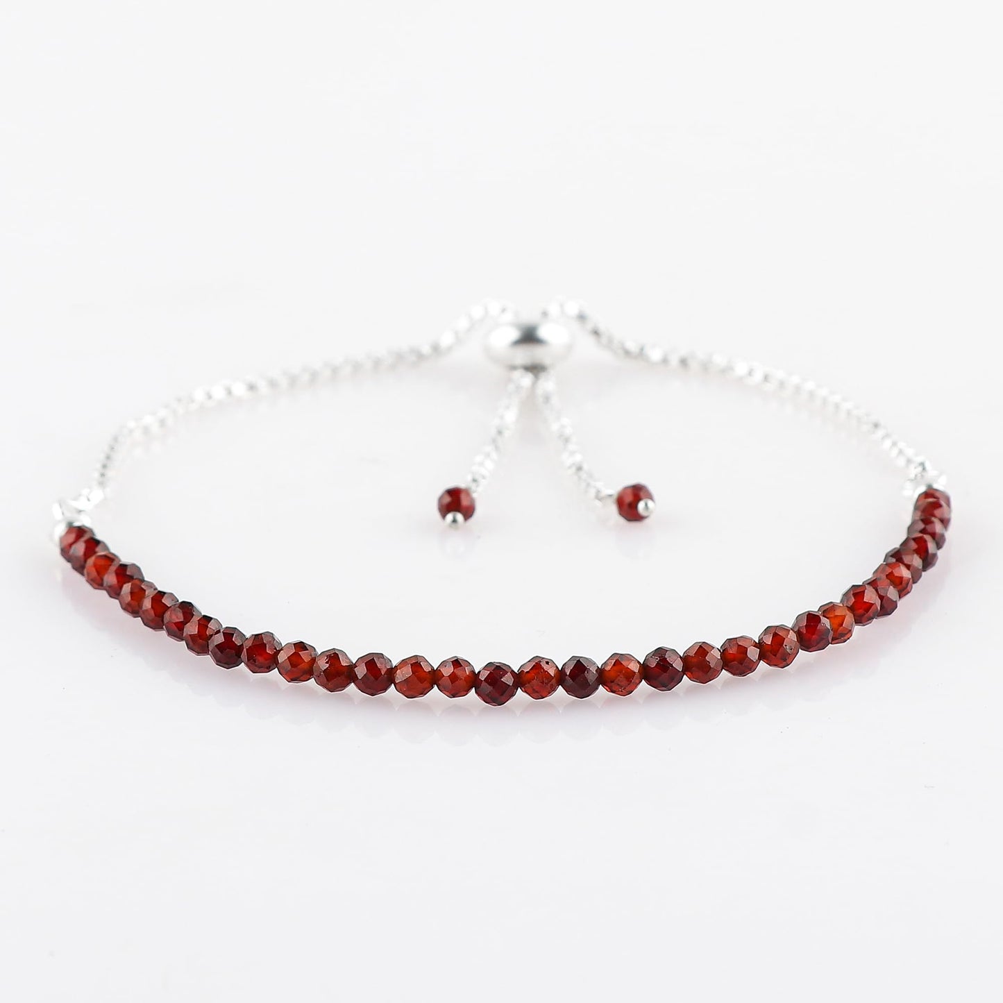 Thecraftman Natural Red Garnet Gemstone Round Beads Bolo Bracelet, Chakra Healing Crystals, Silver Plated, Adjustable Slider, Gift for Women, Birthday, Handmade, Adjustable Bracelets (Red Garnet)