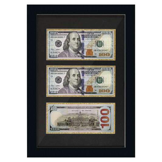 HUICAPTYI 3-Opening Dollar Bill Frame with Black Mat, Desktop Easel Stand & Wall Mount, Solid Wood Shadow Box for Currency & Money Display Case (gold border)