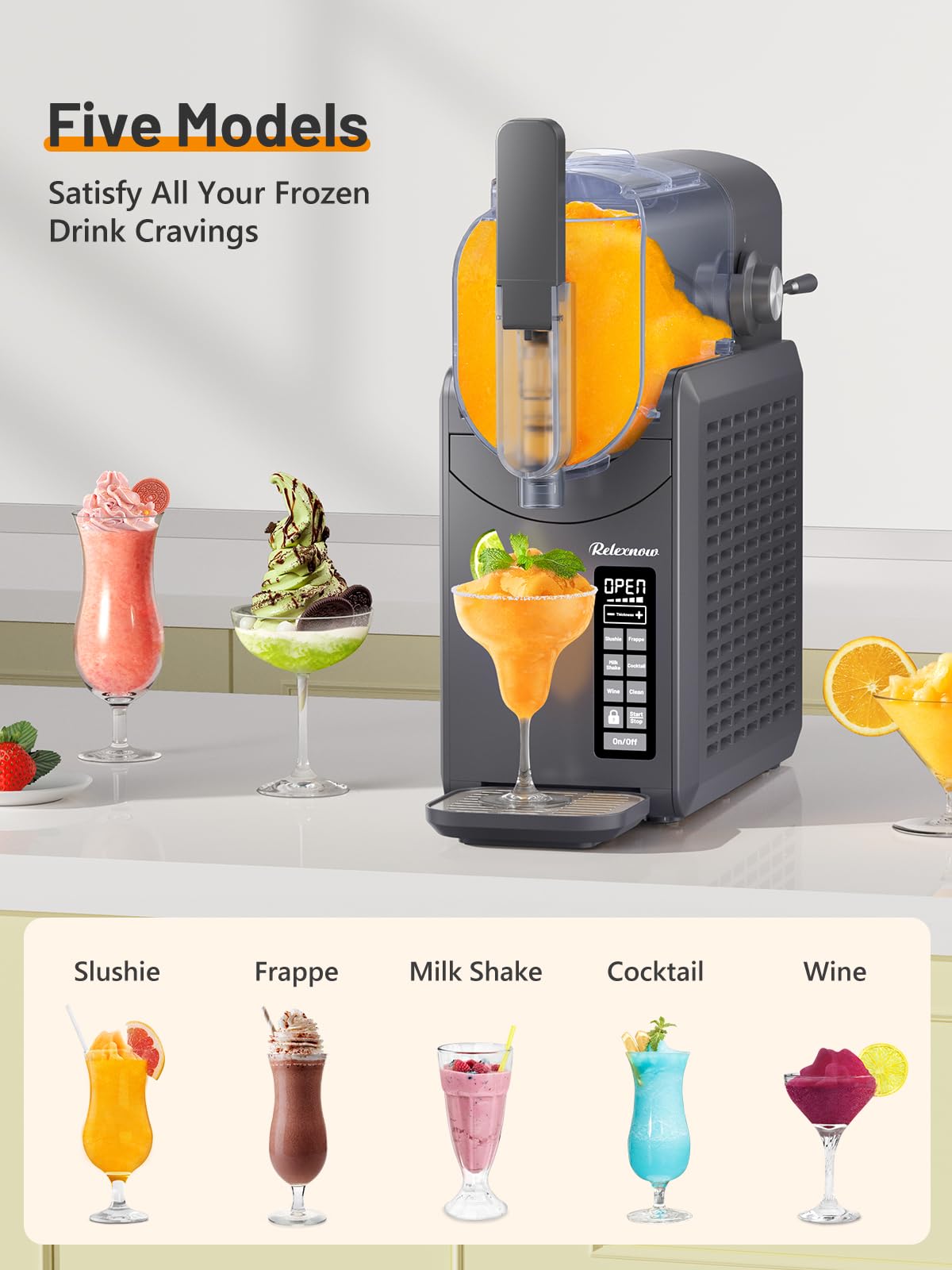 RELEXNOW Slushie Machine for Home – 6 Preset Programs, Soft Serve Frappés, Milkshakes, Margaritas & Frozen Drinks, No Ice Needed, Auto-Clean, LED Display, Quiet Operation, 88oz Capacity