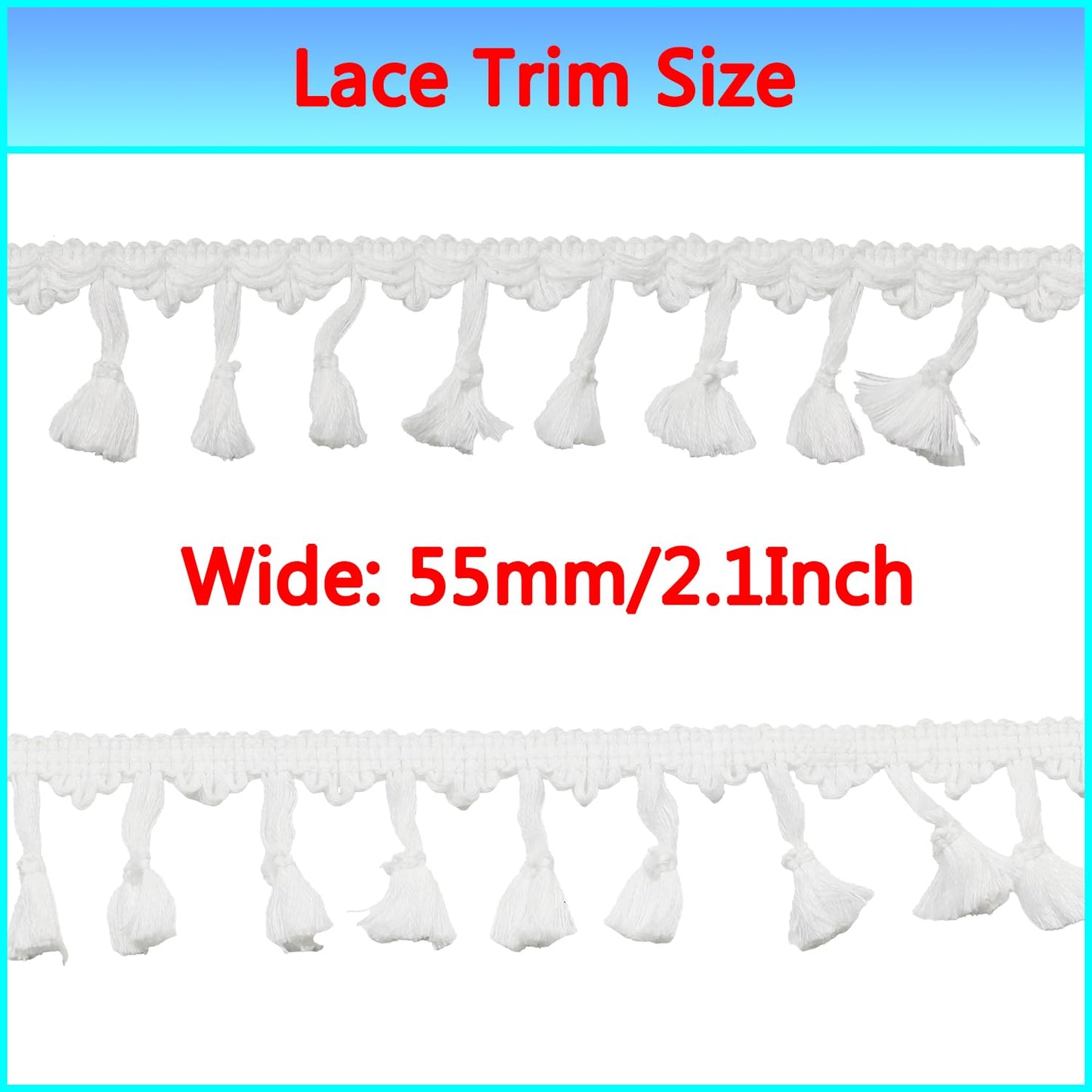 dlboboai Fringe Lace Trim Polyester Braided Ribbon 10 Yards 55mm Wide Lace Trim for Sewing Crafts Clothing Curtains Accessories Lampshade Home DIY Decoration (White, 55mm Wide)