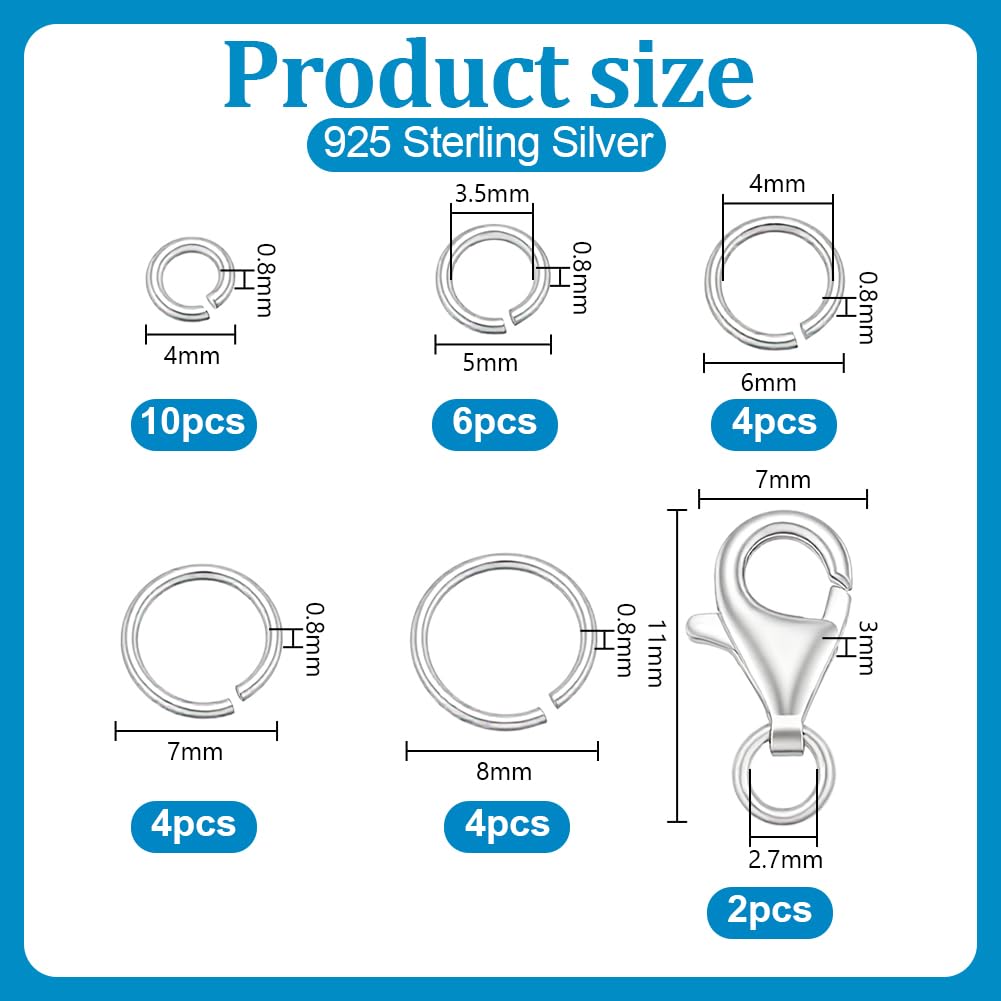 PH PandaHall 30pcs 925 Sterling Silver Jewelry Clasps Kit, Jump Rings Lobster Clasps Kit 4/5/6/7/8mm Open Jump Rings Jewelry Findings Kit for DIY Crafts Jewelry Bracelets Necklaces Making Repair