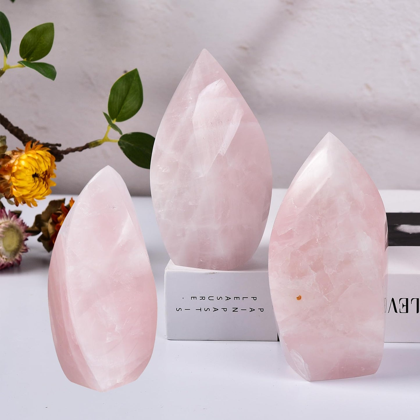 JIC Gem Rose Quartz Large Crystals Natural Healing Crystal Point Obelisk Tower Spiral 4 Sides Energy Gemstone Decoration Gifts 1.1-1.7 Lbs