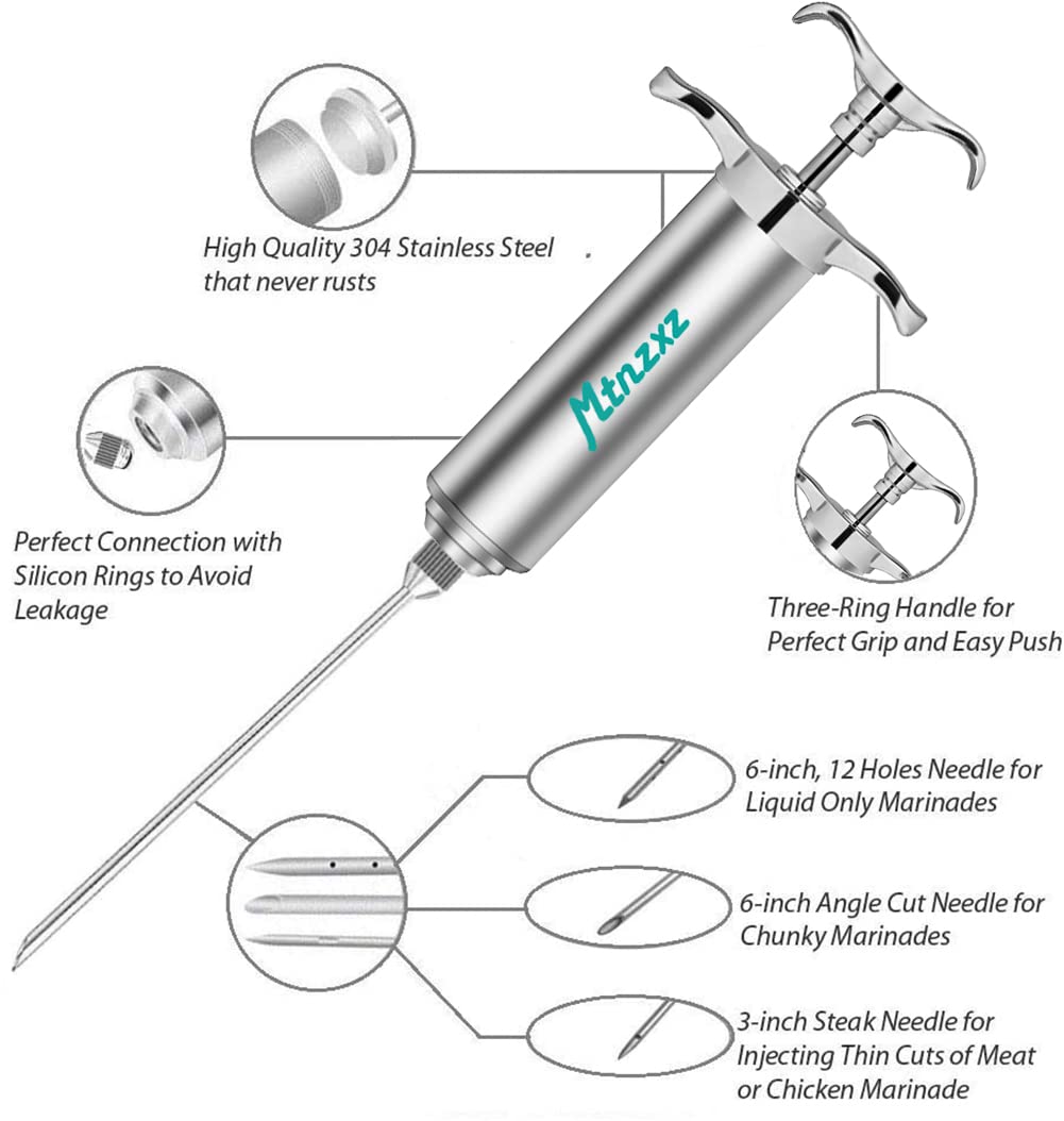 Marinade Injector Syringe Kit & Brush Set, Stainless Steel Meat Injector with 3 Professional Needles, 2-oz Large Capacity, Creates Tender Meat & Poultry Flavor, for BBQ Grill Smoker & Turkey & Brisket