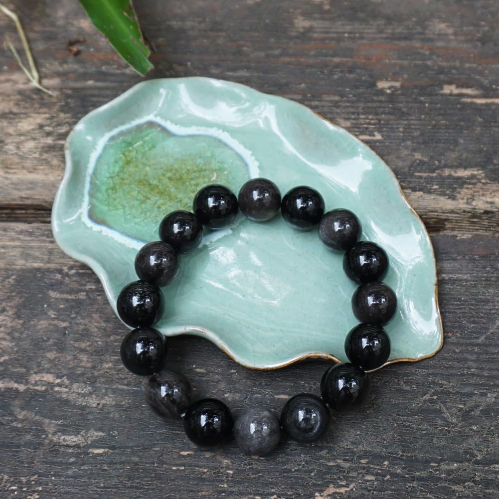 TaHLga 12mm Silver Obsidian Crystal Bracelet for Men Women | Natural Root & Third Eye Chakra Stone | Protection & Intuition | Fits for Large Wrist 8-8.5" | Come with Box & Pouch
