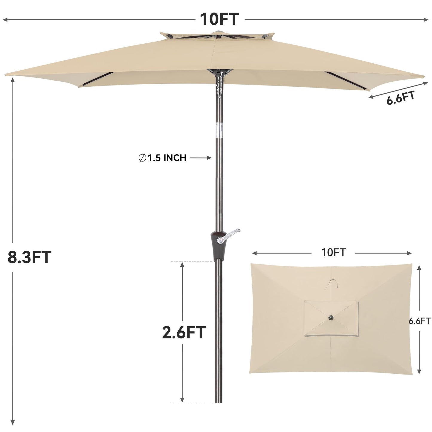 6.6 x 10 ft Rectangular Patio Umbrella, Outdoor Market Table Umbrella with Push Button Tilt and Crank, Double-Tier Vent, 6 Ribs, Rectangle Patio Umbrella for Backyard, Deck, Pool, Fits 4–6 Chairs and Tables (Beige)