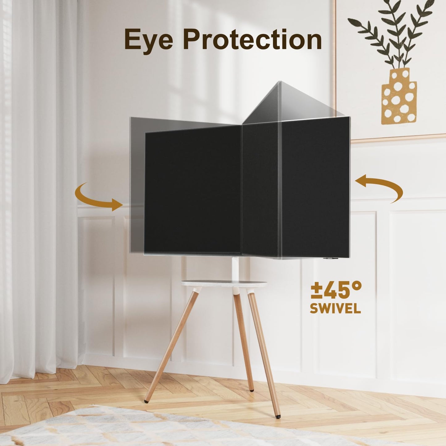 ECOTINY Tripod Easel TV Stand for 43–65 Inch TVs, Height Adjustable Swivel Floor Stand with Wooden Tray and Cable Management, VESA 400x400, Minimalist White