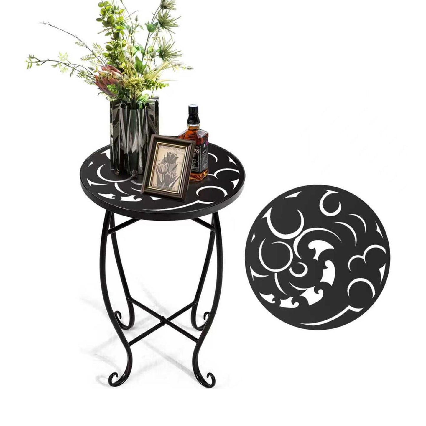 Kaesithar 15 Inch Tall Metal Plant Stand Indoor Outdoor, Round Side Table with Swirl Pattern, Rust Resistant Iron Flower Pot Holder for Patio Garden Porch Living Room