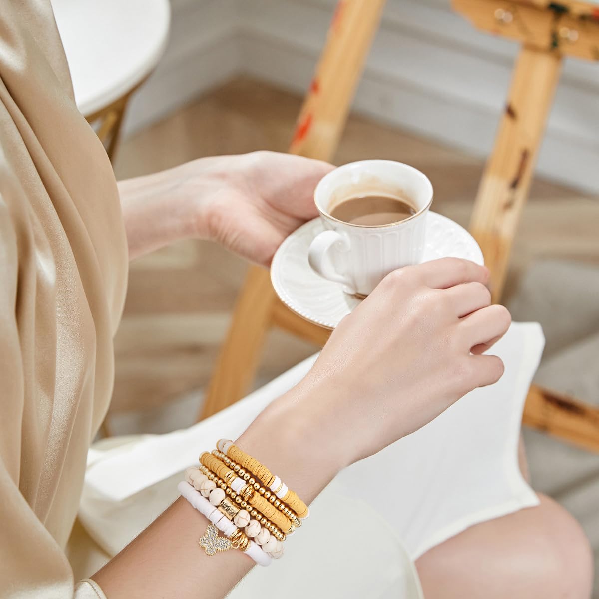 GOOJIDS Surfer Heishi Clay Bead Bracelets for Women Bohemian Stackable Gold Plated Beaded Stretch Bracelets Elastic Layering Friendship Bracelets Set Boho Jewelry