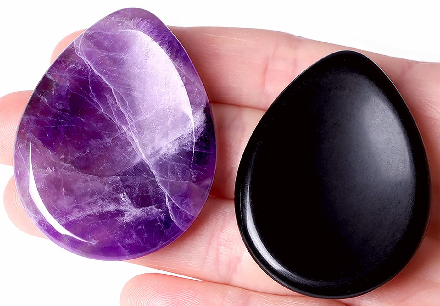 QINJIEJIE 2PCS Thumb Worry Stone Amethyst Obsidian Healing Crystals Hand Carved Stones Pocket Gemstones Sets Meditation Crystal Reiki Relax Palm Stone for Anxiety Therapy Relief