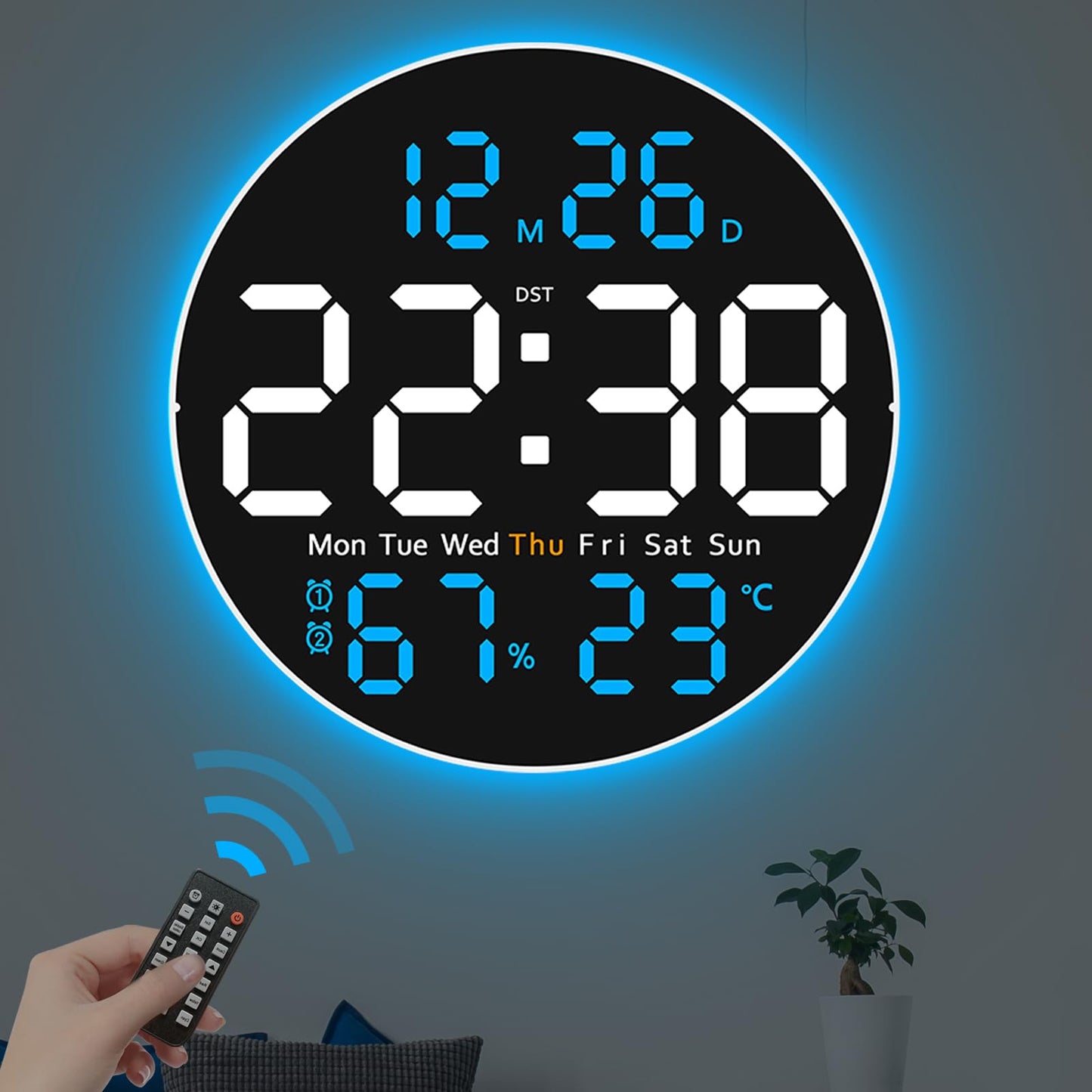 JoFomp 10" Large Digital Wall Clock with Remote Control, LED Display, Plug-in Digital Alarm Clock, Auto Brightness, DST, Temperature, Humidity, Applied to Classroom, Bedroom, Living Room, Office, Gym