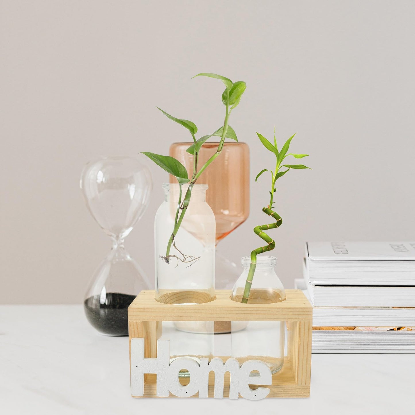 Garneck Nordic Style Hydroponic Glass Flower Vase Set with Wooden Rack, 2pcs Desktop Planter for Indoor Plants, Air Plant Terrarium, Creative Home Décor Centerpiece