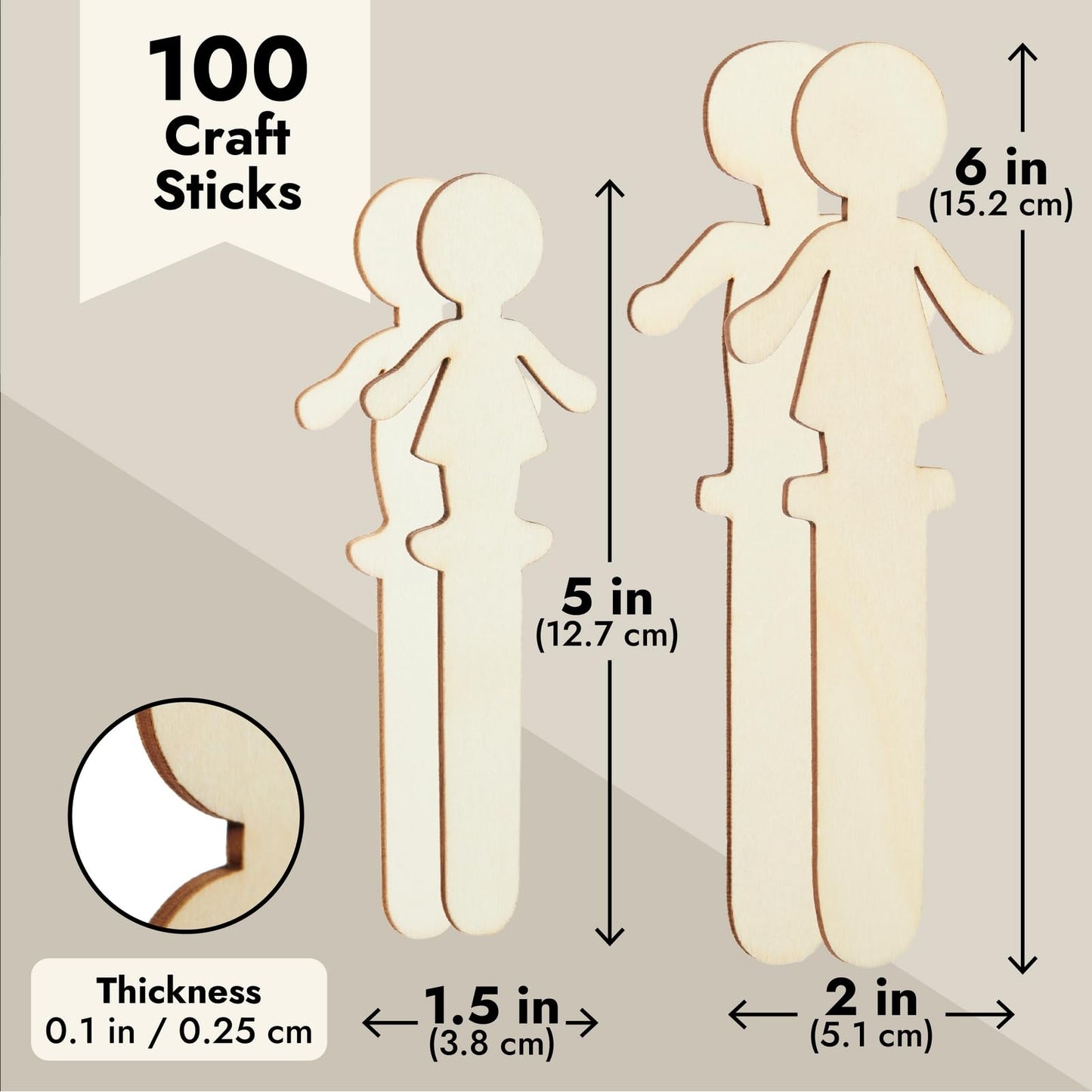 Juvale Unfinished People-Shaped Popsicle Sticks for Crafts - 100 Pack Poplar Wood, Mom & Dad 6in & Son & Daughter 5in - Wooden Mini Figures for Art & Wooden People