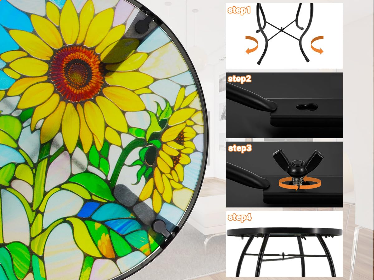 Voumsil Small Side Table with Metal Frame, 10.5" Round Side Tables with Sunflower Pattern,Outdoor Table for Balcony,Terrace,Garden,Living Room