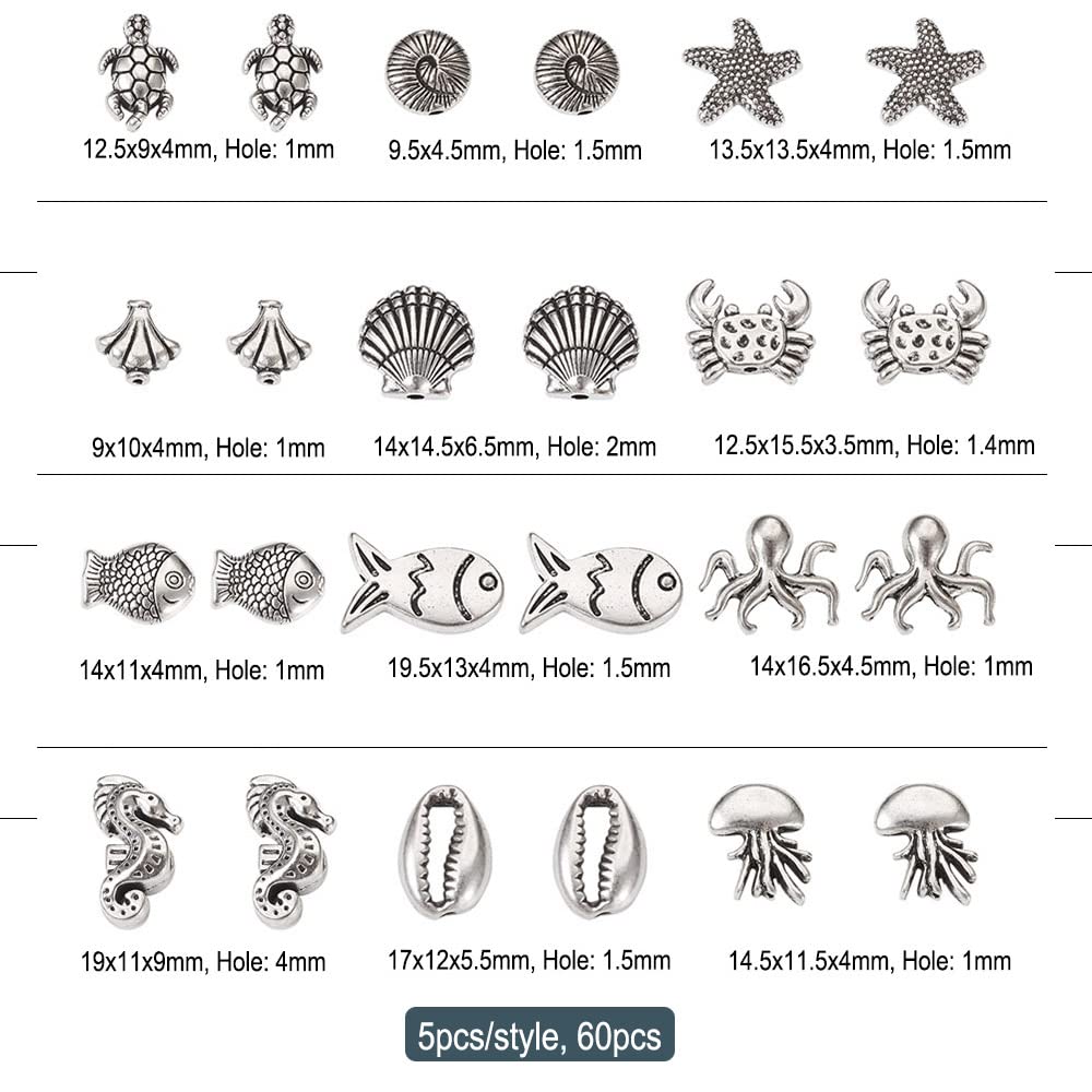 Fashewelry 60pcs Ocean Animal Tibetan Loose Spacer Beads Turtle Shell Fish Antique Silver Sea Life Creatures Alloy Western Beads for Necklace Bracelet Earring Craft Jewelry Making Supplies