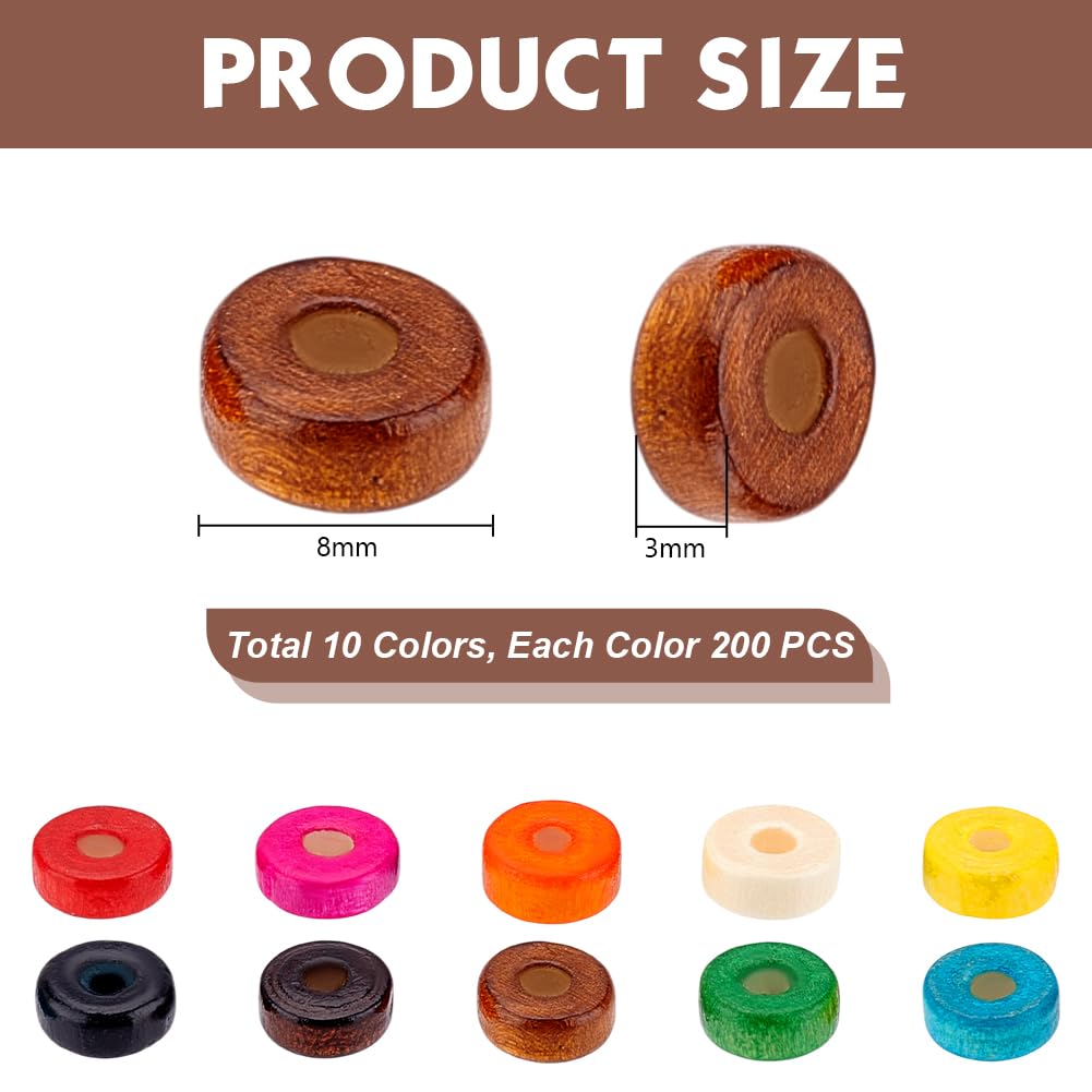 PH PandaHall 2000pcs 10 Colors Wood Beads, 8x3mm Wooden Beads Flat Loose Spacer Bead Rondelle Colorful Wooden Bead with 2.5mm Hole for Bracelets Necklaces Keychains Jewelry Making DIY Crafting