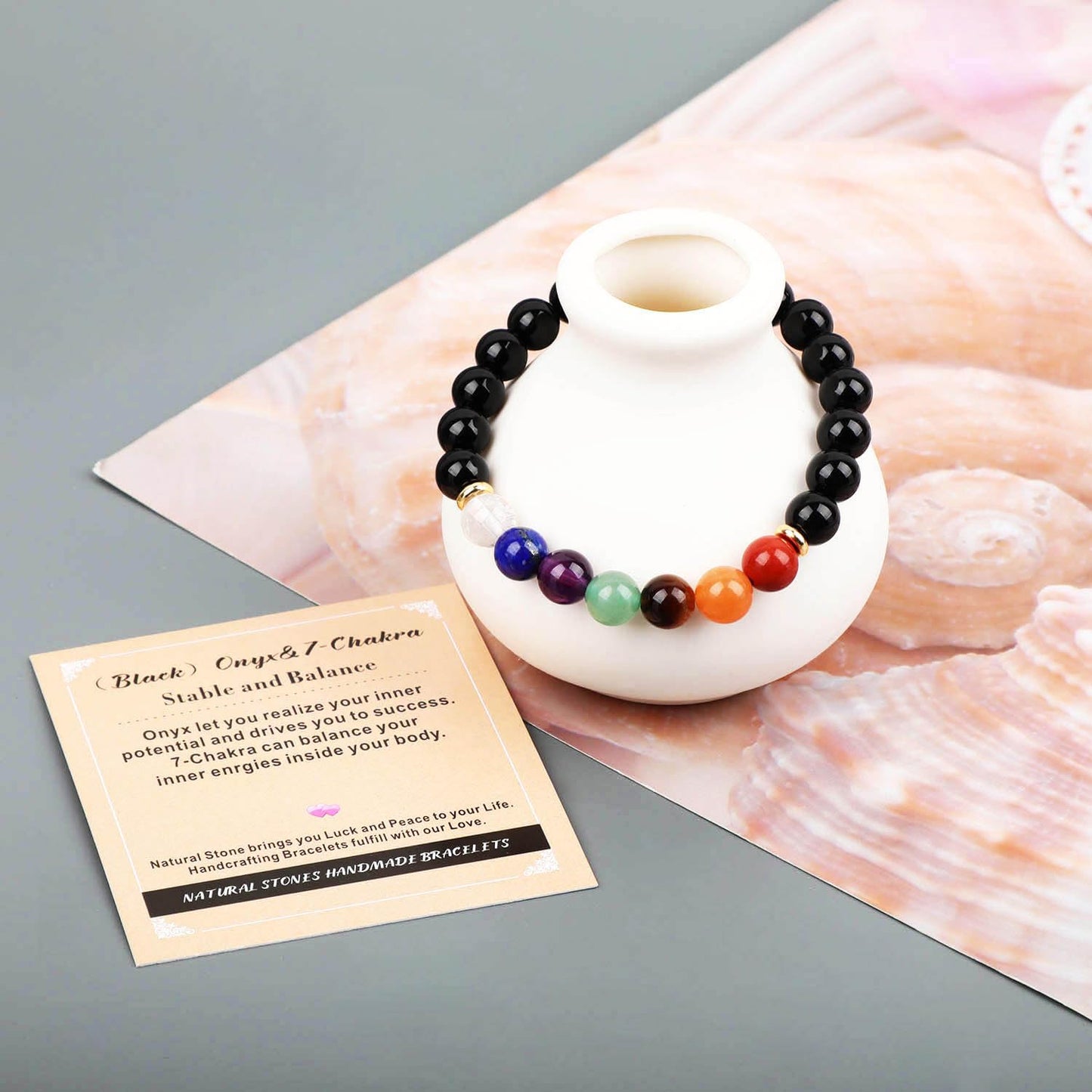 AD Beads Handmade Gemstone Stretch Elastic Bracelet Crystal Healing Reiki Nature's Beauty and Spiritual Essence Unisex (8mm, Onyx & 7-Chakra (Stable and Balance))