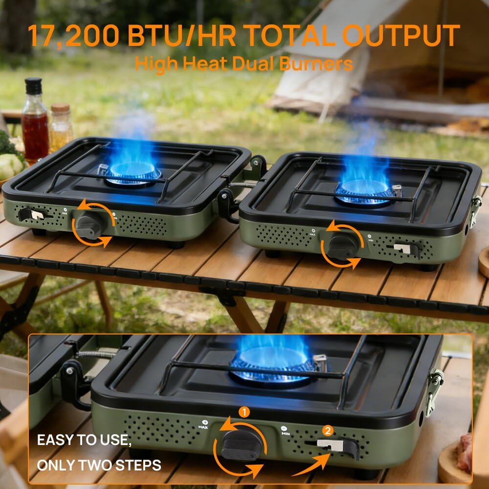 FGY 2 Burner Portable Gas Stove, 17,200 BTU Portable Folding Camp Stove,Dual gas stove with portable handle and Carrying Bag,Adjustment Burner & Piezo Ignition for Camp Cooking,Outdoor (Green）