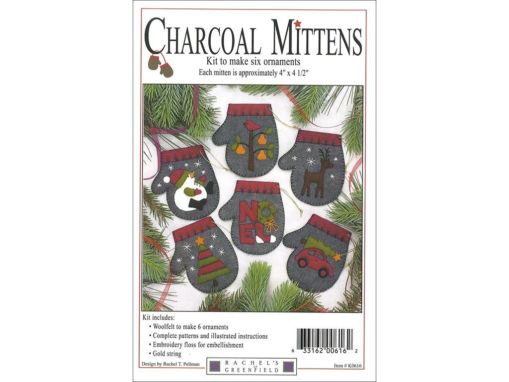 Rachel's of Greenfield Charcoal Mittens 4 x 4.5 Inches Felt Applique Christmas Ornament Kit (Set of 6) Charcoal K0616, Black