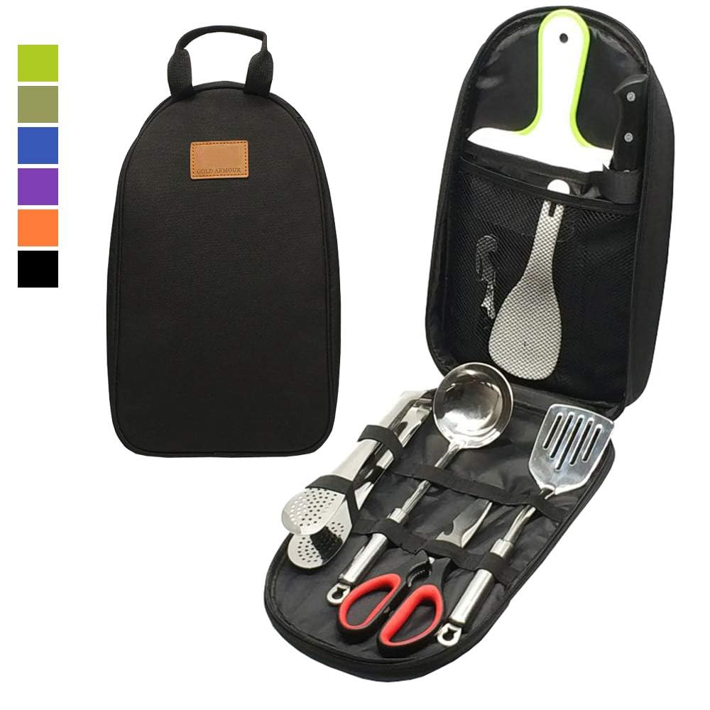Camp Kitchen Utensil Organizer Travel Set Portable BBQ Camping Cookware Stainless Steel Utensils Travel Kit Outdoor Equipment Cutting Board Tongs Scissors Knife Ladle Spatula
