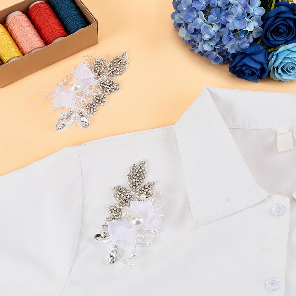 FINGERINSPIRE 1 Pair 4.4x2.5x0.5inch White Pearl Beaded Applique Rhinestone Flower Patch DIY Crafts Wedding Dress Embellishment for Bridal Hair Comb Decoration White Floral Sew On Decoration