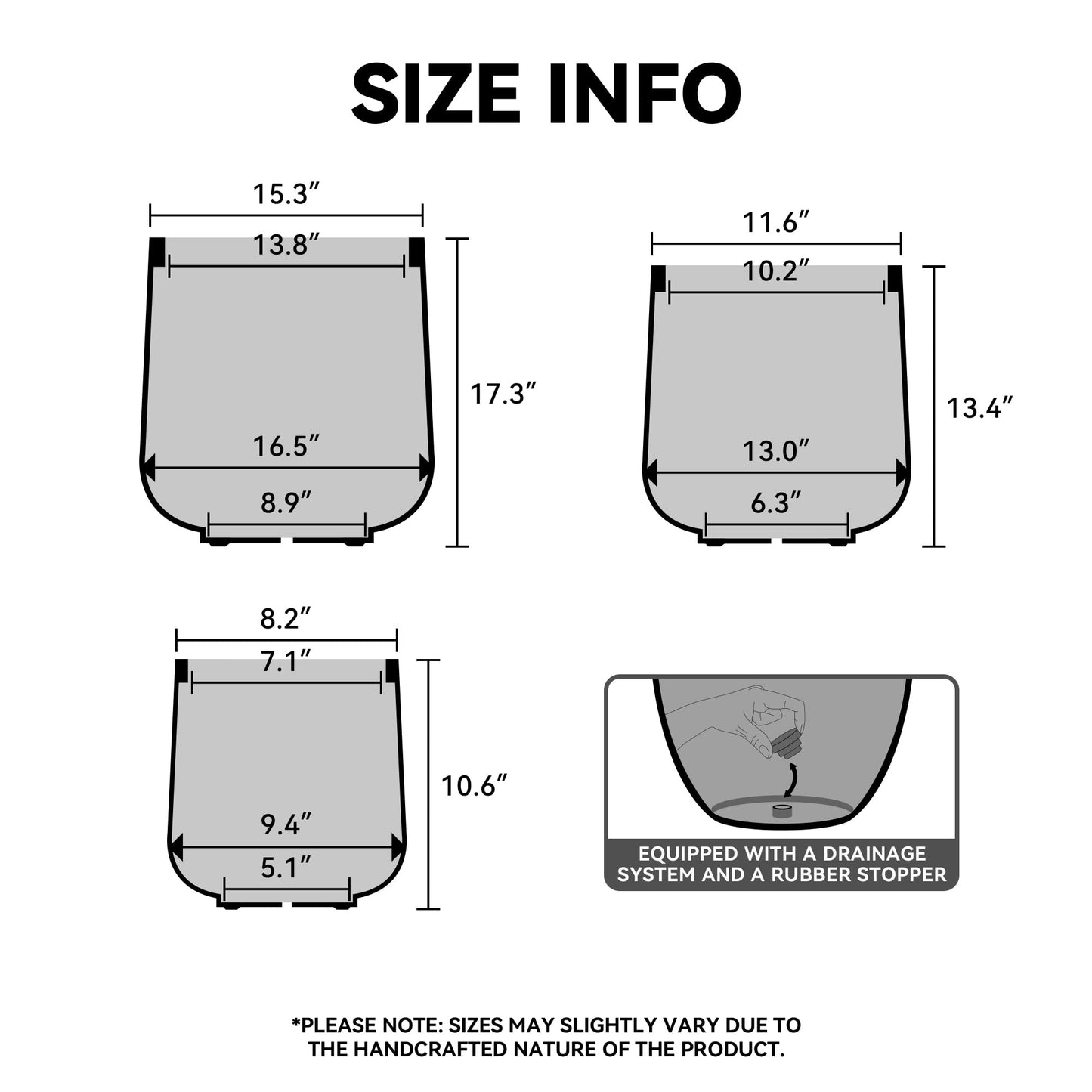 Kante 15.3" Dia Round Concrete Planter, Outdoor Indoor Large Plant Pots Containers with Drainage Hole and Rubber Plug for Home Garden Patio, Black