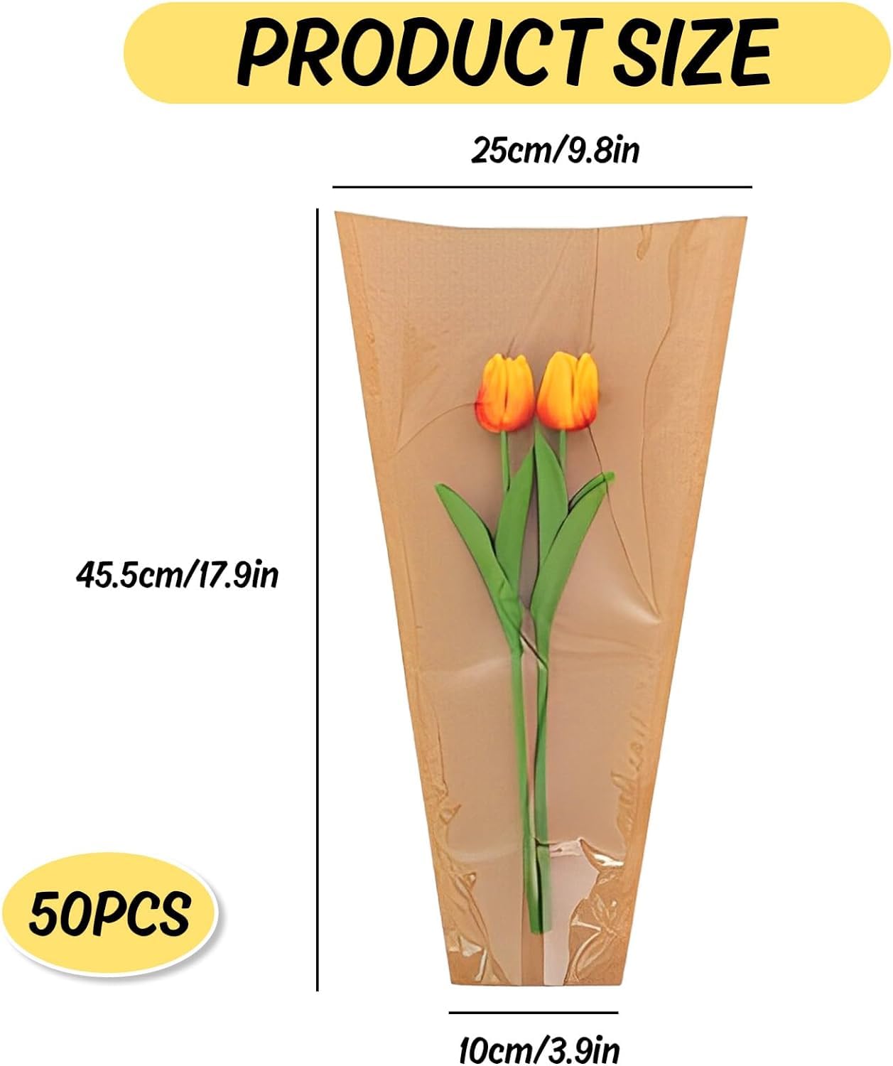 50Pcs Flower Wrapping Bags Kraft Paper with Ribbon Floral Packing Sleeves Bouquet Bags Clear Flower Wrapping Sleeves for Wedding Birthday Graduation Anniversary Mothers Day Gift, 9.8x3.9x17.9 Inch