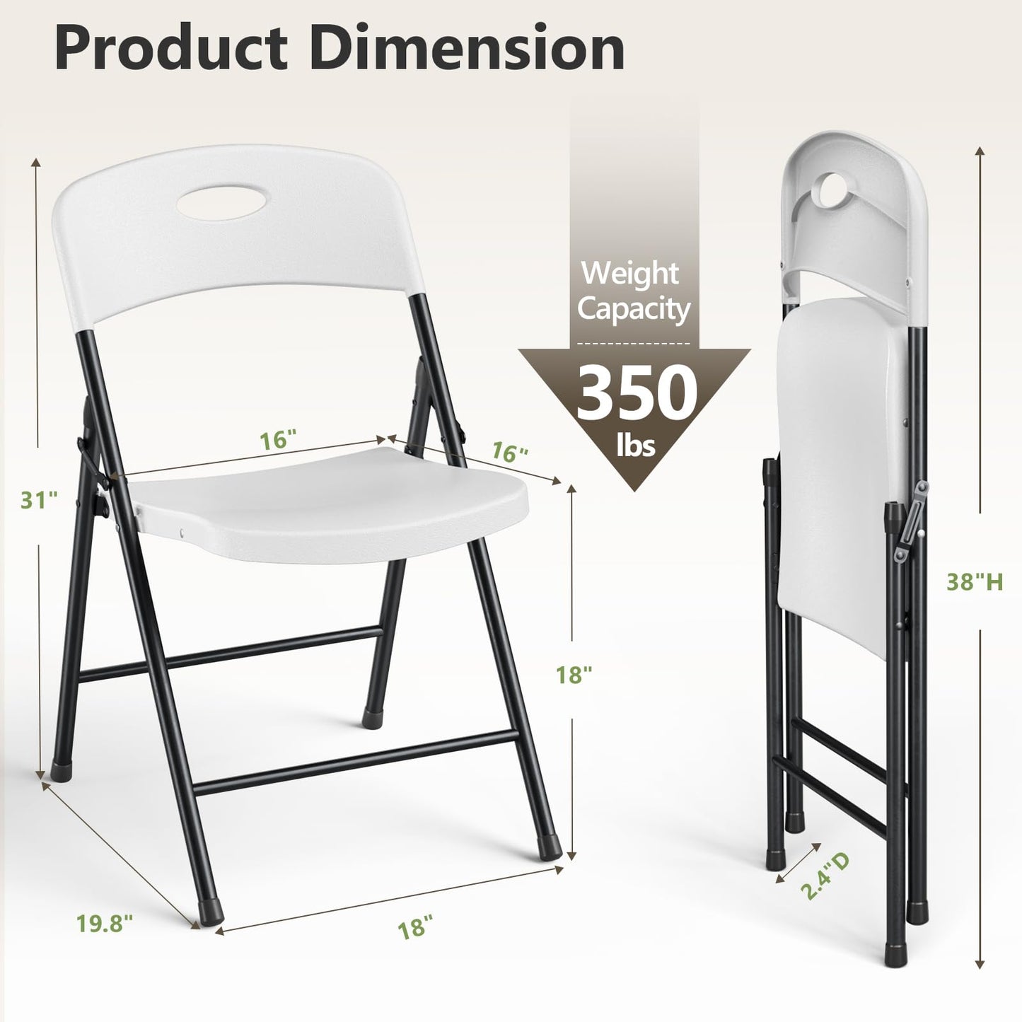 Plastic Folding Chair 4 Pack, Outdoor Sturdy Metal White Folding Chairs for Outside Indoor, Portable 350 lbs Capacity Heavy Duty Foldable Commercial Seating for Picnic, Party, Patio, White