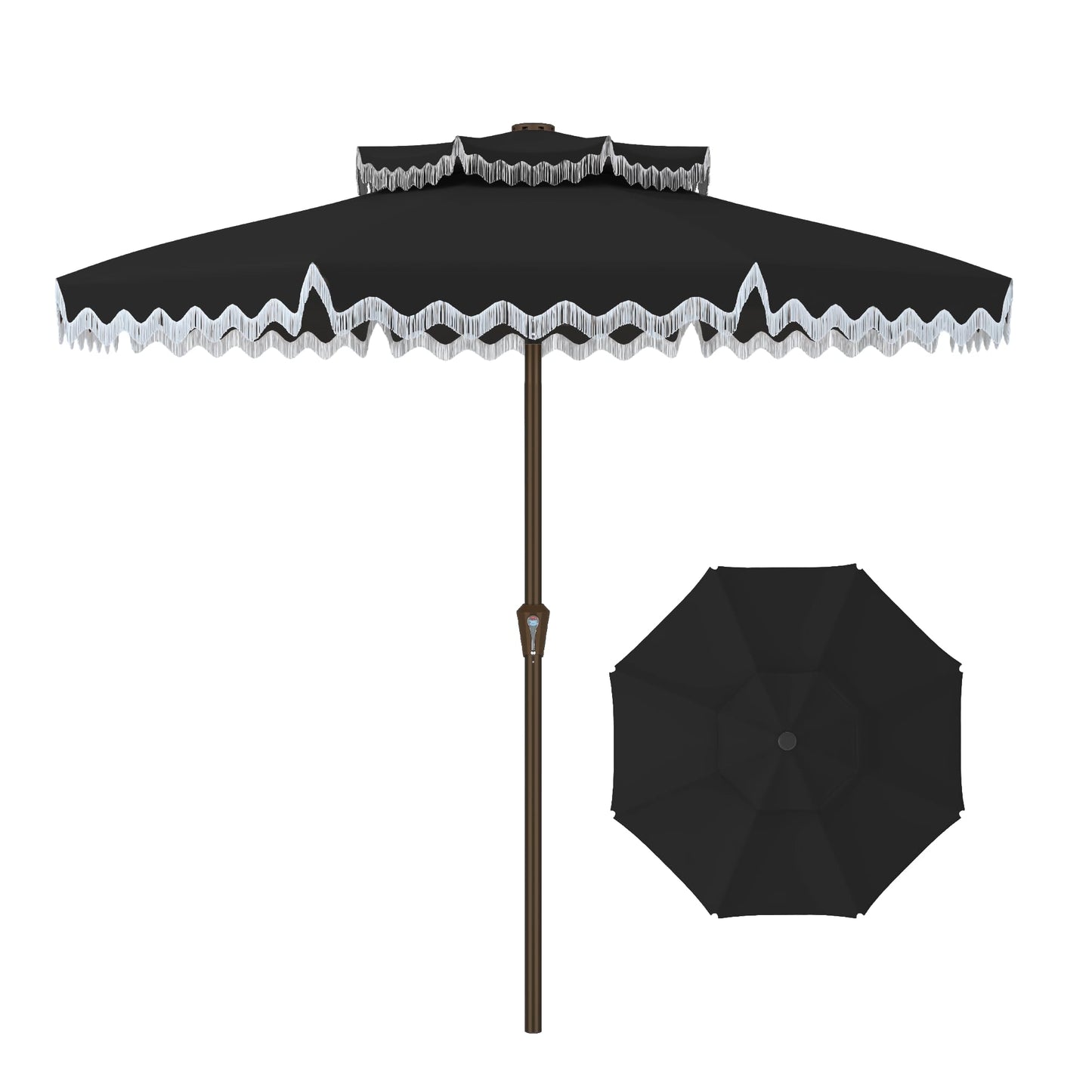 Kingdura 9ft Patio Umbrella with Fringe, Outdoor Table Umbrella with 8 Sturdy Fiberglass Ribs, Push-Button Tilt, Fade Resistant Canopy, UPF 50+, Luxurious Vintage Pool Umbrellas for Lawn, Deck, Balcony