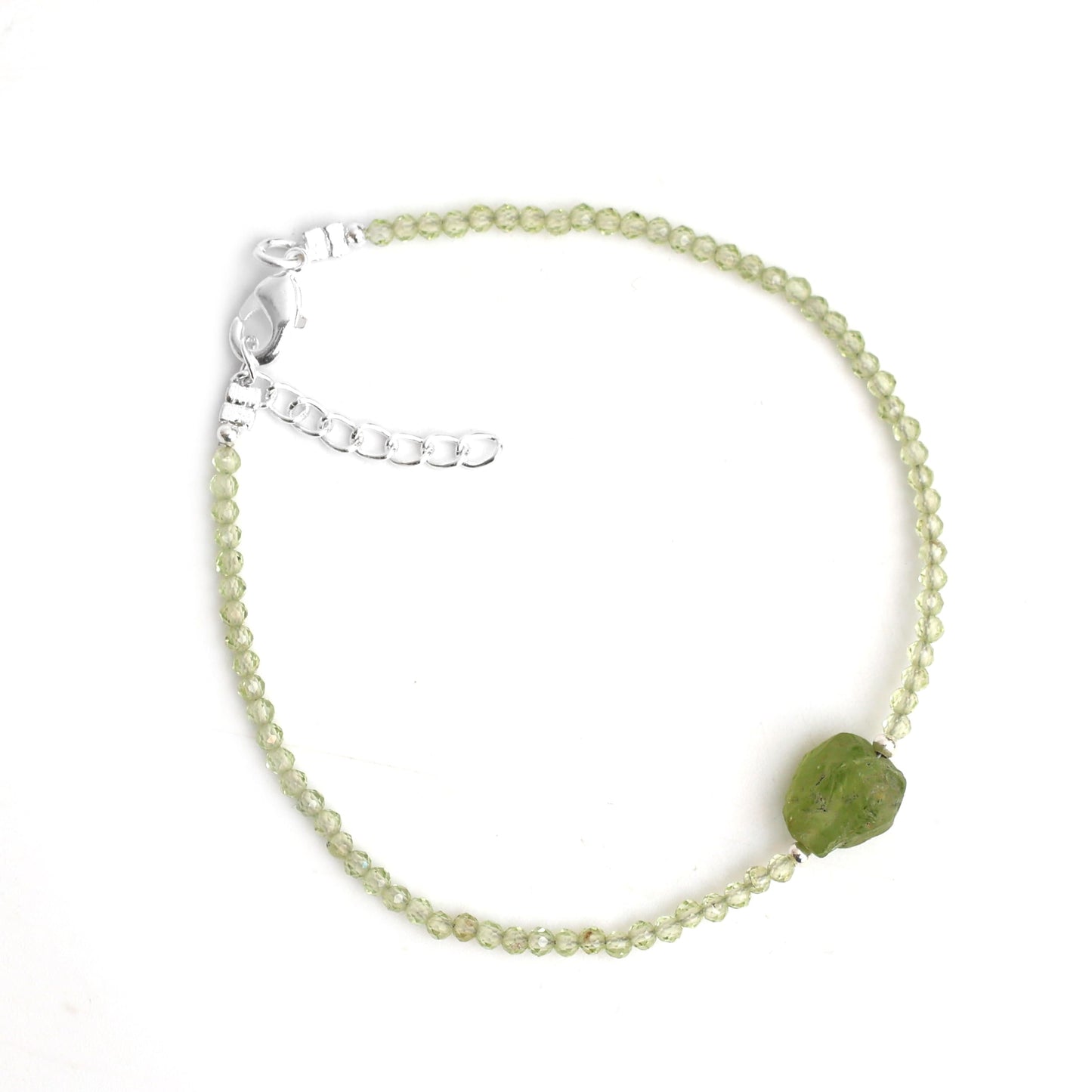 Gempires Natural Green Peridot Beads Bracelet with Raw Peridot Stone Jewelry August Birthstone Gemstone Gifts For Women Silver Plated 8 Inch Adjustable Chain