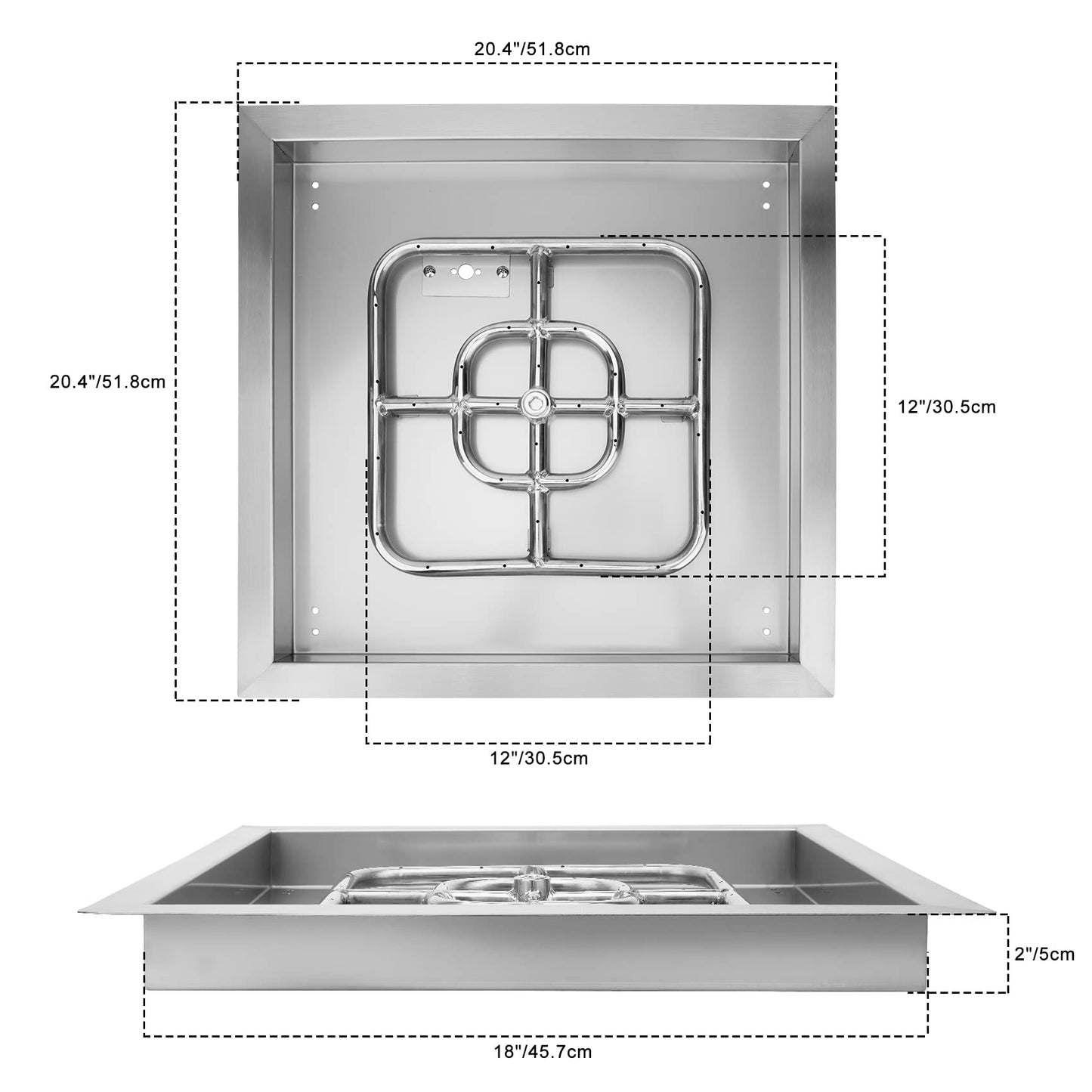 Onlyfire 18 Inch Square Fire Pit Burner Pan with Square Burner Ring – 304 Stainless Steel Drop-in Gas Fire Pit Insert for Natural Gas & Propane, 92,000 BTU, Square Flame Pattern for DIY Fire Table