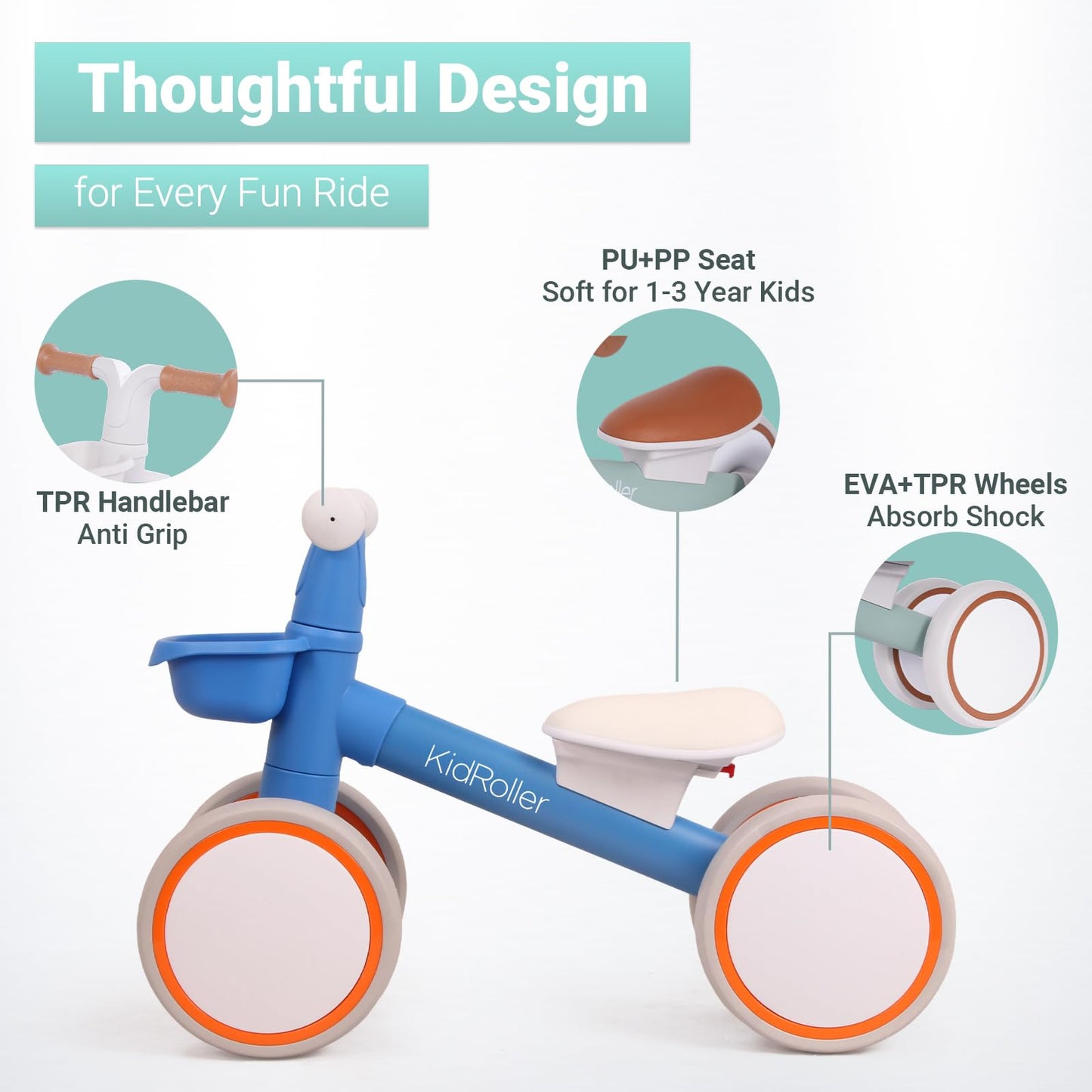 KidRoller Kid's Balance Bikes for 1 Year Old Boys and Girls, 12-36 Months Toddler Ride-on with Adjustable Seat and a Front Basket, First Birthday Gifts Sky Blue