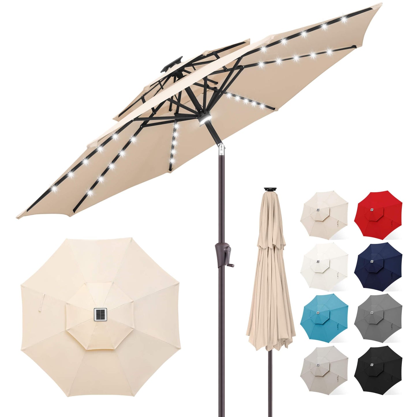 FLAME&SHADE 2 Tiers 9ft Solar Light Patio Umbrella, 40 LED lights outdoor umbrella with Centre Surround Light, Table Market Umbrella for Deck, Pool, Porch, Backyard, Garden (Beige)