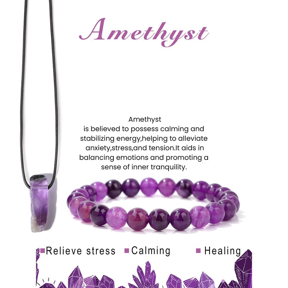 Pingyongchang Calming Yoga Bracelets Necklace Set, Crystal Stone Mantra Bracelets for Women, Natural Crystal Stone Birthday Gifts, Black Leather Necklace for Men-Amethyst
